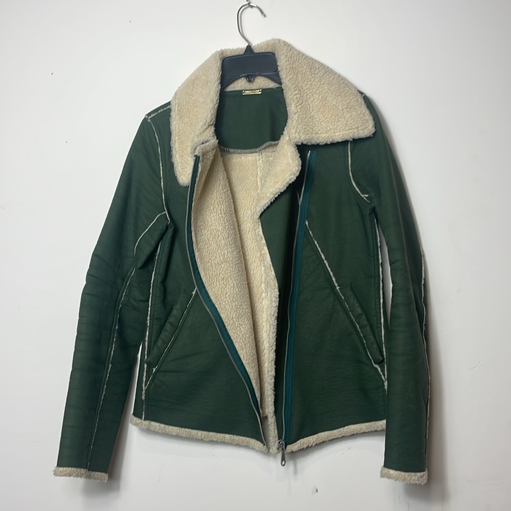 REBECCA MINKOFF Quinn Green Faux Shearling Moto Bomber Jacket NWOT - Picture 7 of 10